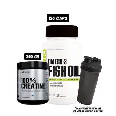 OMEGA 3 (150 CAPSULAS) + CREATINA MONOHIDRATADA UN (250 GRAMOS) + SHAKER