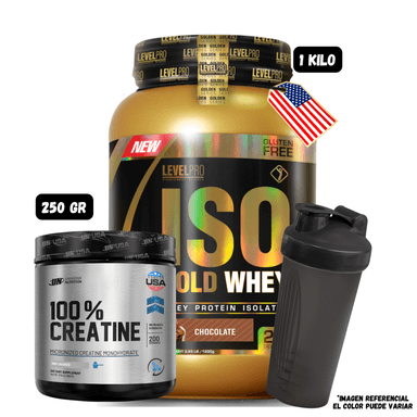 ISO GOLD WHEY 1.1 KG (CHOCOLATE) + CREATINA UN 250 GRAMOS + 1 SHAKER