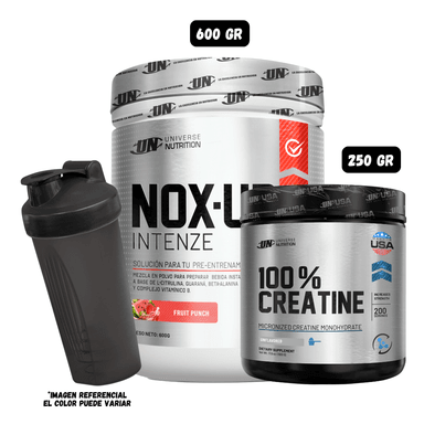 PRE ENTRENO NOX UP INTENZE 600GR (FRUIT PUNCH) + CREATINA MONOHIDRATADA UN 250 GRAMOS + 1 SHAKER