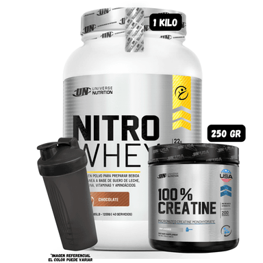 NITRO WHEY 1.1 KG (CHOCOLATE) + CREATINA MONOHIDRATADA UN 250 GRAMOS + 1 SHAKER