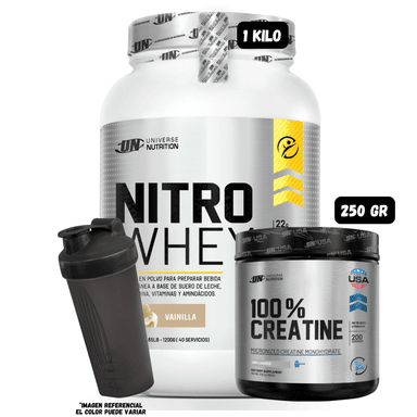 NITRO WHEY 1.1 KG (VAINILLA) + CREATINA MONOHIDRATADA UN 250 GRAMOS + 1 SHAKER
