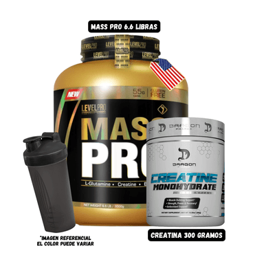 MASS PRO 6.6 LIBRAS (CHOCOLATE) + CREATINA DRAGON PHARMA 300 GRAMOS + SHAKER