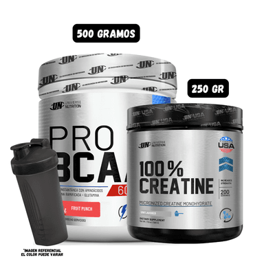 BCAA'S 500 GRAMOS (FRUIT PUNCH) + CREATINA MONOHIDRATADA 250 GRAMOS + 1 SHAKER