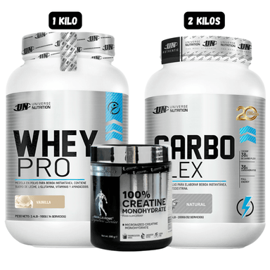 WHEY PRO 1.1 KG (VAINILLA) + CARBOPLEX 2 KG (NATURAL) + CREATINA MONOHIDRATADA KEVIN LEVRONE 300 GRAMOS