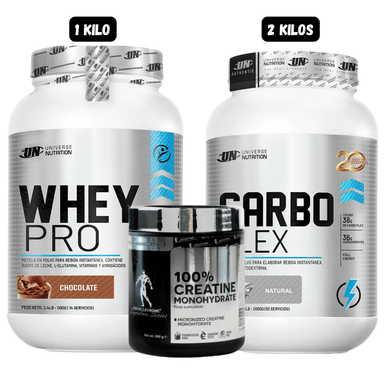 WHEY PRO 1.1 KG (CHOCOLATE) + CARBOPLEX 2 KG (NATURAL) + CREATINA MONOHIDRATADA KEVIN LEVRONE 300 GRAMOS
