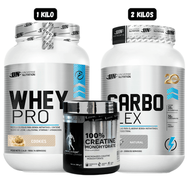 WHEY PRO 1.1 KG (COOKIES) + CARBOPLEX 2 KG (NATURAL) + CREATINA MONOHIDRATADA KEVIN LEVRONE 300 GRAMOS
