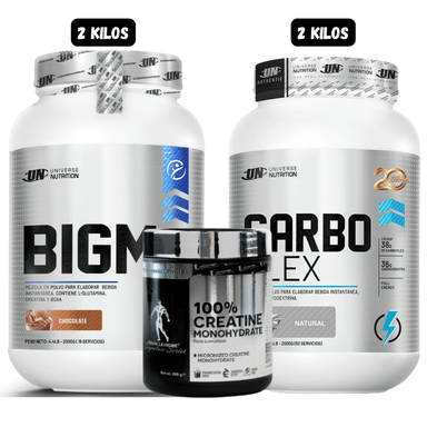 BIGM 2 KG(CHOCOLATE) + CARBOPLEX 2 KG (NATURAL) + CREATINA MONOHIDRATADA KEVIN LEVRONE 300 GRAMOS