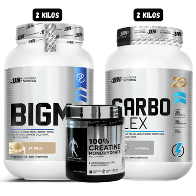 BIGM 2 KG(VAINILLA) + CARBOPLEX 2 KG (NATURAL) + CREATINA MONOHIDRATADA KEVIN LEVRONE 300 GRAMOS