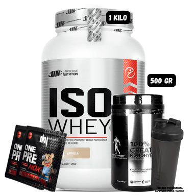 ISO WHEY 90 1 KG (VAINILLA) + CREATINA KEVIN LEVRONE 500 GR + 1 SHAKER + 2 SACHET DE PRE ENTRENO