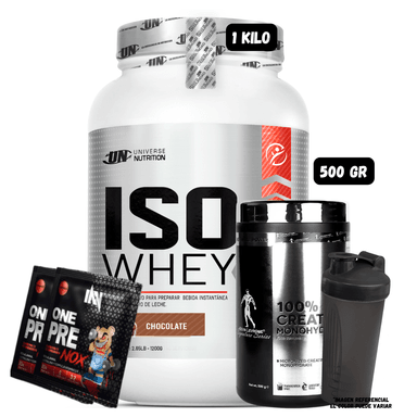ISO WHEY 90 1 KG (CHOCOLATE) + CREATINA KEVIN LEVRONE 500 GR + 1 SHAKER + 2 SACHET DE PRE ENTRENO