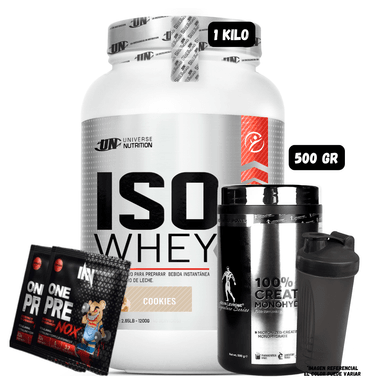 ISO WHEY 90 1 KG (COOKIES) + CREATINA KEVIN LEVRONE 500 GR + 1 SHAKER + 2 SACHET DE PRE ENTRENO