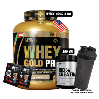 WHEY GOLD PRO 3 KG (VAINILLA) + CREATINA UN 250 GR + 1 SHAKER + 2 SACHET DE PRE ENTRENO