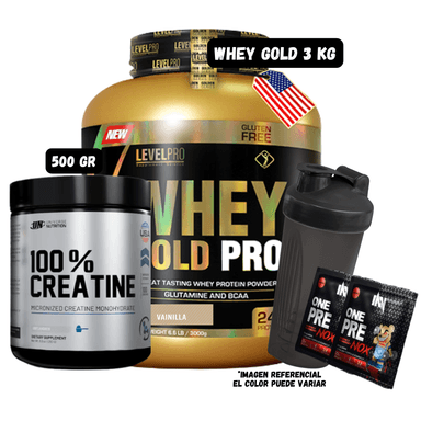 WHEY GOLD PRO 3 KG (VAINILLA) + CREATINA UN 500 GR + 1 SHAKER + 2 SACHET DE PRE ENTRENO