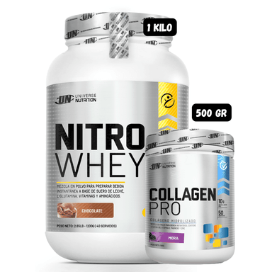 PROTEÍNA NITRO WHEY 1.1 KG (CHOCOLATE) + COLAGENO HIDROLIZADO 500 (MORA)