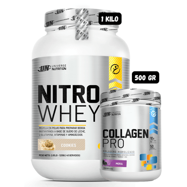 PROTEÍNA NITRO WHEY 1.1 KG (COOKIES) + COLAGENO HIDROLIZADO 500 (MORA)