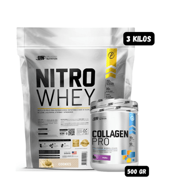 PROTEÍNA NITRO WHEY 3 KG (COOKIES) + COLAGENO HIDROLIZADO 500 (MORA)