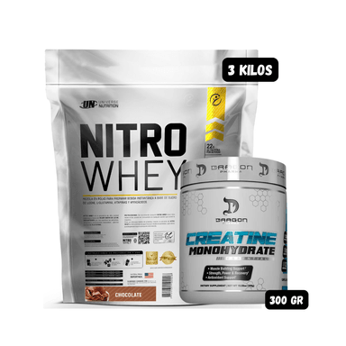 PROTEÍNA NITRO WHEY 3 KG (CHOCOLATE) +  CREATINA DRAGON PHARMA 300 GRAMOS