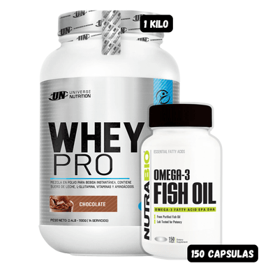WHEY PRO 1.1 KG (CHOCOLATE) + OMEGA 3 NUTRABIO 150 CAPSULAS