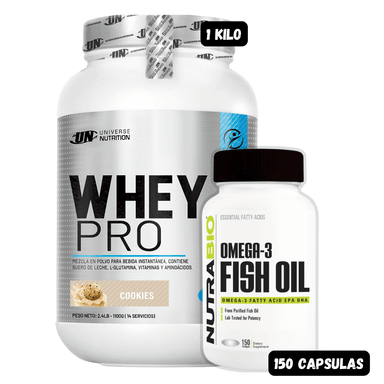 WHEY PRO 1.1 KG (COOKIES) + OMEGA 3 NUTRABIO 150 CAPSULAS