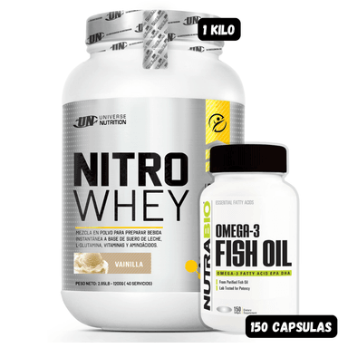 NITRO WHEY 1.1 KG (VAINILLA) + OMEGA 3 NUTRABIO 150 CAPSULAS