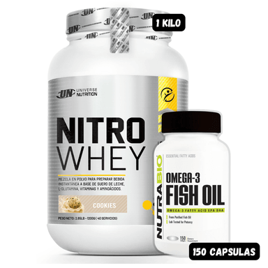 NITRO WHEY 1.1 KG (COOKIES) + OMEGA 3 NUTRABIO 150 CAPSULAS