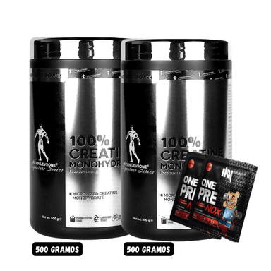 2 CREATINA MONOHIDRATADA KEVIN LEVRONE 500 GRAMOS + 3 SACHET DE PRE ENTRENO