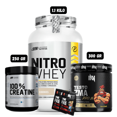 NITRO WHEY 1.1 KG (COOKIES) + PRECURSOR DE TESTO 300 GR INN (CITRUS PUNCH) + CREATINA UN 250 GRAMOS + 2 SACHET DE PRE ENTRENO