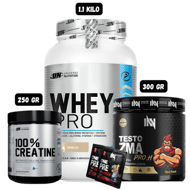WHEY PRO 1.1 KG (VAINILLA) + PRECURSOR DE TESTO 300 GR INN (CITRUS PUNCH) + CREATINA UN 250 GRAMOS + 2 SACHET DE PRE ENTRENO