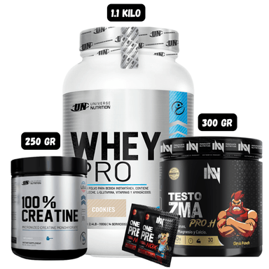 WHEY PRO 1.1 KG (COOKIES) + PRECURSOR DE TESTO 300 GR INN (CITRUS PUNCH) + CREATINA UN 250 GRAMOS + 2 SACHET DE PRE ENTRENO