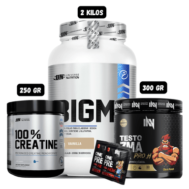 BIGM 2 KG (VAINILLA) + PRECURSOR DE TESTO 300 GR INN (CITRUS PUNCH) + CREATINA UN 250 GRAMOS + 2 SACHET DE PRE ENTRENO