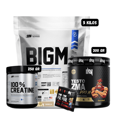 BIGM 5 KG (VAINILLA) + PRECURSOR DE TESTO 300 GR INN (CITRUS PUNCH) + CREATINA UN 250 GRAMOS + 2 SACHET DE PRE ENTRENO