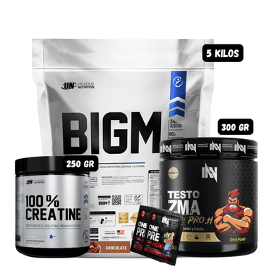 BIGM 5 KG (CHOCOLATE) + PRECURSOR DE TESTO 300 GR INN (CITRUS PUNCH) + CREATINA UN 250 GRAMOS + 2 SACHET DE PRE ENTRENO