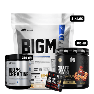 BIGM 5 KG (COOKIES) + PRECURSOR DE TESTO 300 GR INN (CITRUS PUNCH) + CREATINA UN 250 GRAMOS + 2 SACHET DE PRE ENTRENO