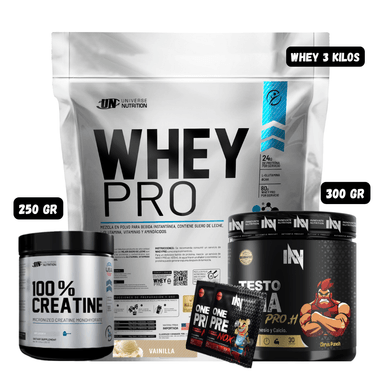 WHEY PRO 3 KG (VAINILLA) + PRECURSOR DE TESTO 300 GR INN (CITRUS PUNCH) + CREATINA UN 250 GRAMOS + 2 SACHET DE PRE ENTRENO