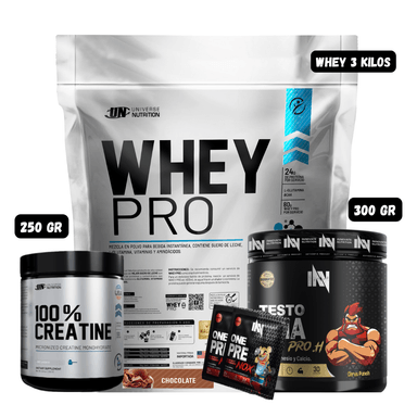 WHEY PRO 3 KG (CHOCOLATE) + PRECURSOR DE TESTO 300 GR INN (CITRUS PUNCH) + CREATINA UN 250 GRAMOS + 2 SACHET DE PRE ENTRENO
