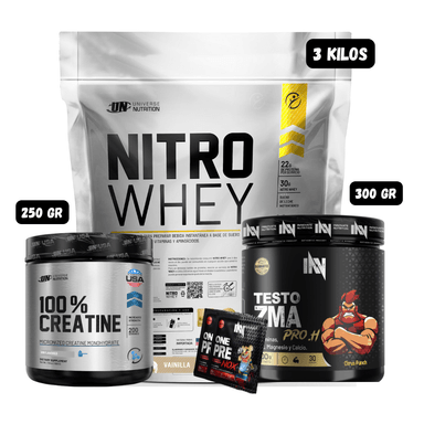 NITRO WHEY 3 KG (VAINILLA) + PRECURSOR DE TESTO 300 GR INN (CITRUS PUNCH) + CREATINA UN 250 GRAMOS + 2 SACHET DE PRE ENTRENO