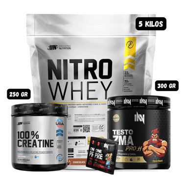 NITRO WHEY 5 KG (CHOCOLATE) + PRECURSOR DE TESTO 300 GR INN (CITRUS PUNCH) + CREATINA UN 250 GRAMOS + 2 SACHET DE PRE ENTRENO