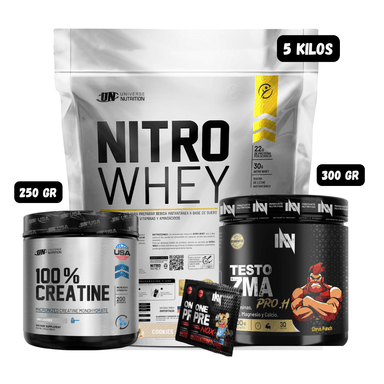 NITRO WHEY 5 KG (COOKIES) + PRECURSOR DE TESTO 300 GR INN (CITRUS PUNCH) + CREATINA UN 250 GRAMOS + 2 SACHET DE PRE ENTRENO