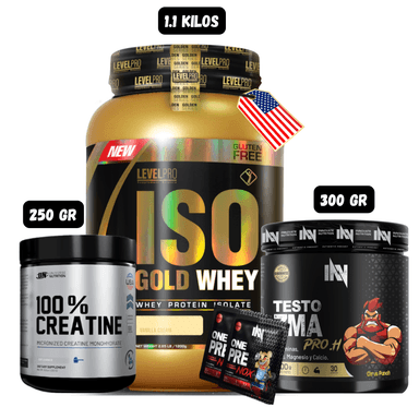 ISO GOLD WHEY 1.1 KG (VAINILLA) + PRECURSOR DE TESTO 300 GR INN (CITRUS PUNCH) + CREATINA UN 250 GRAMOS + 2 SACHET DE PRE ENTRENO