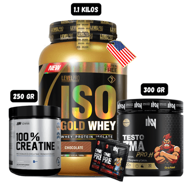 ISO GOLD WHEY 1.1 KG (CHOCOLATE) + PRECURSOR DE TESTO 300 GR INN (CITRUS PUNCH) + CREATINA UN 250 GRAMOS + 2 SACHET DE PRE ENTREN