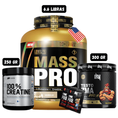 MASS PRO 6.6 LIBRAS (VAINILLA) + PRECURSOR DE TESTO 300 GR INN (CITRUS PUNCH) + CREATINA UN 250 GRAMOS + 2 SACHET DE PRE ENTRENO