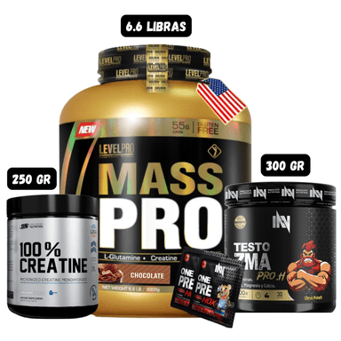 MASS PRO 6.6 LIBRAS (CHOCOLATE) + PRECURSOR DE TESTO 300 GR INN (CITRUS PUNCH) + CREATINA UN 250 GRAMOS + 2 SACHET DE PRE ENTRENO