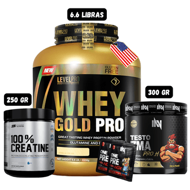 WHEY GOLD PRO 6.6 LIBRAS (VAINILLA) + PRECURSOR DE TESTO 300 GR INN (CITRUS PUNCH) + CREATINA UN 250 GRAMOS + 2 SACHET DE PRE ENT
