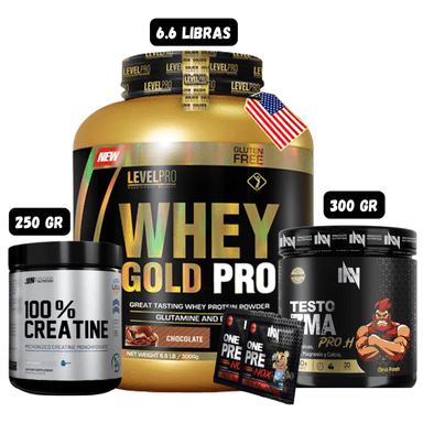 WHEY GOLD PRO 6.6 LIBRAS (CHOCOLATE) + PRECURSOR DE TESTO 300 GR INN (CITRUS PUNCH) + CREATINA UN 250 GRAMOS + 2 SACHET DE PRE EN