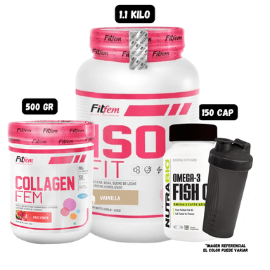 ISO FIT 1.1 KG (VAINILLA) + COLAGENO HIDROLIZADO FIT FEM 500 GR (FRUIT PUNCH) + OMEGA 3 (150 CAPSULAS) + SHAKER