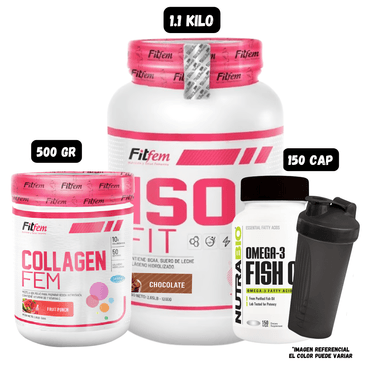 ISO FIT 1.1 KG (CHOCOLATE) COLAGENO HIDROLIZADO FIT FEM 500 GR (FRUIT PUNCH) + OMEGA 3 (150 CAPSULAS) + SHAKER