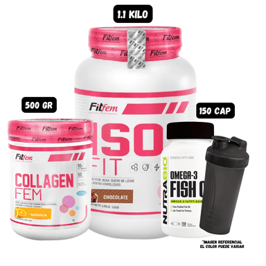 ISO FIT 1.1 KG (CHOCOLATE) COLAGENO HIDROLIZADO FIT FEM 500 GR (NARANJA) + OMEGA 3 (150 CAPSULAS) + SHAKER