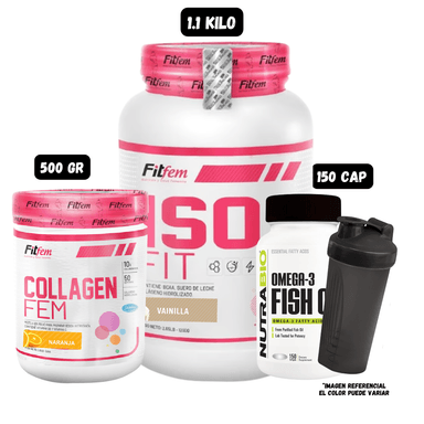 ISO FIT 1.1 KG (VAINILLA) COLAGENO HIDROLIZADO FIT FEM 500 GR (NARANJA) + OMEGA 3 (150 CAPSULAS) + SHAKER