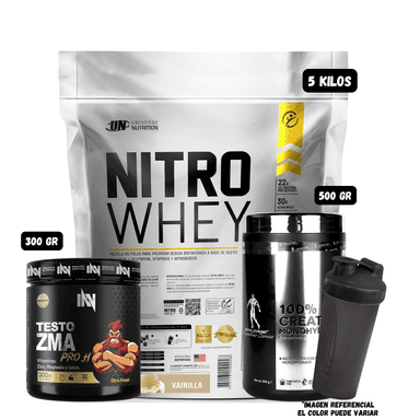NITRO WHEY 5 KG (VAINILLA) + CREATINA KEVIN LEVRONE 500 GR + PRECURSOR DE TESTO 300 GR INN (CITRUS PUNCH) + SHAKER