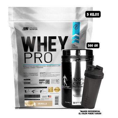WHEY PRO 5 KG (VAINILLA) + CREATINA KEVIN LEVRONE 500 GR + SHAKER
